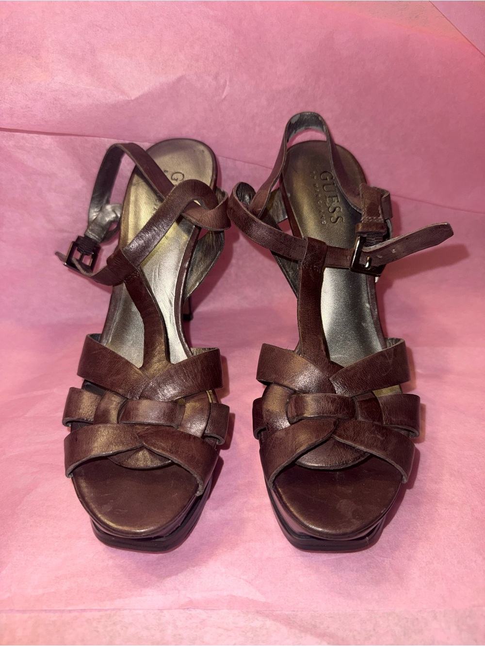 GUESS Brown Leather Woven T-Strap Heels